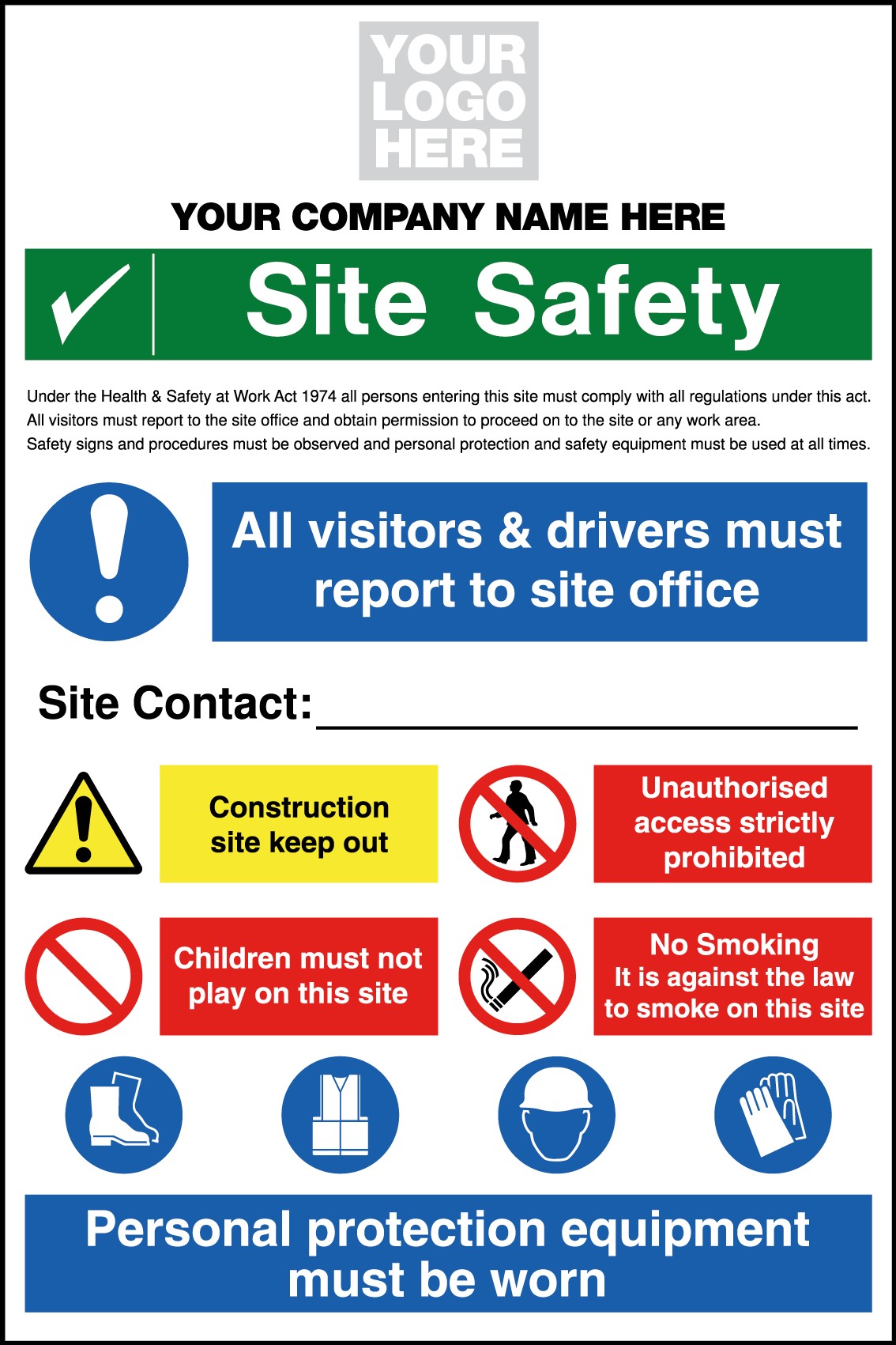 Site Safety Sign 800x1200mm Correx c/w space for 'Company Name & Logo'